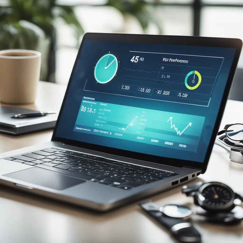 A laptop displaying web performance metrics with a ruler, magnifying glass, and stopwatch nearby