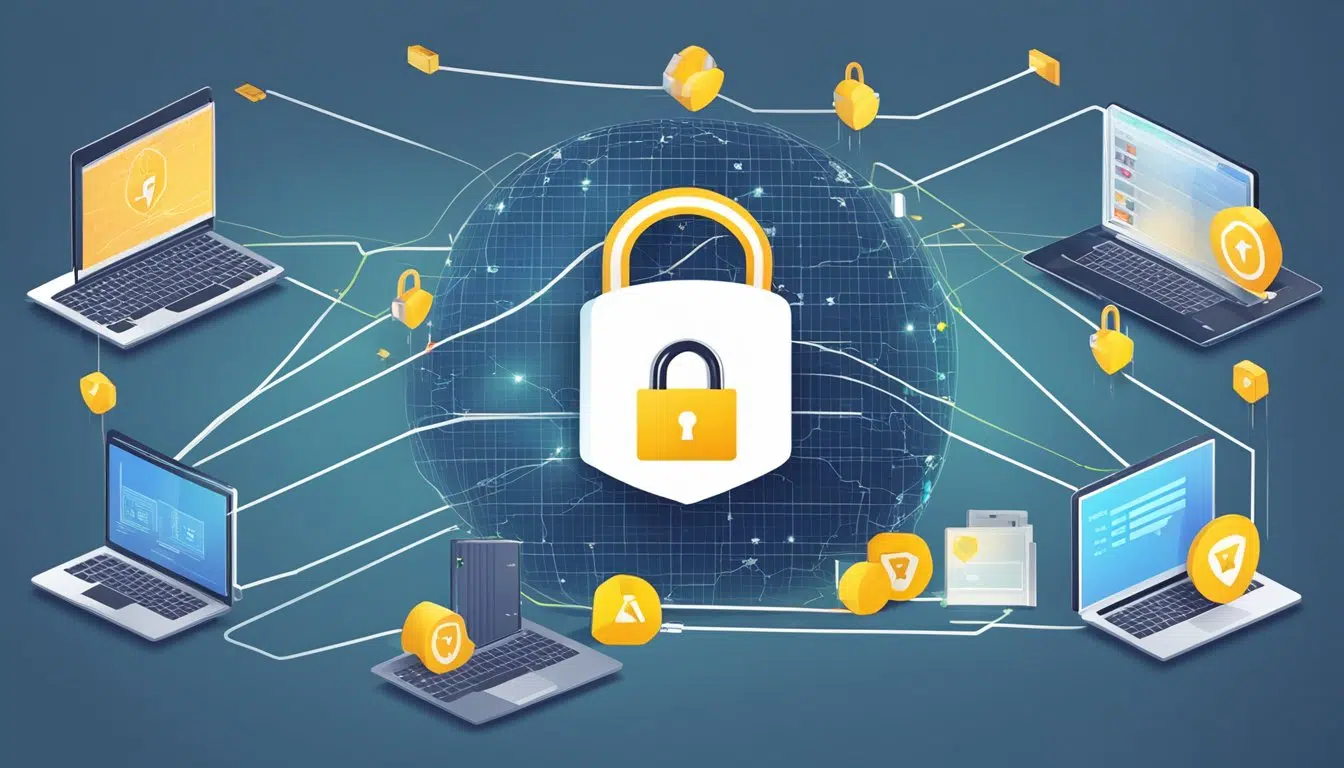 Cyberghost VPN's performance and reliability depicted through a seamless connection with a secure lock symbol and fast data transfer